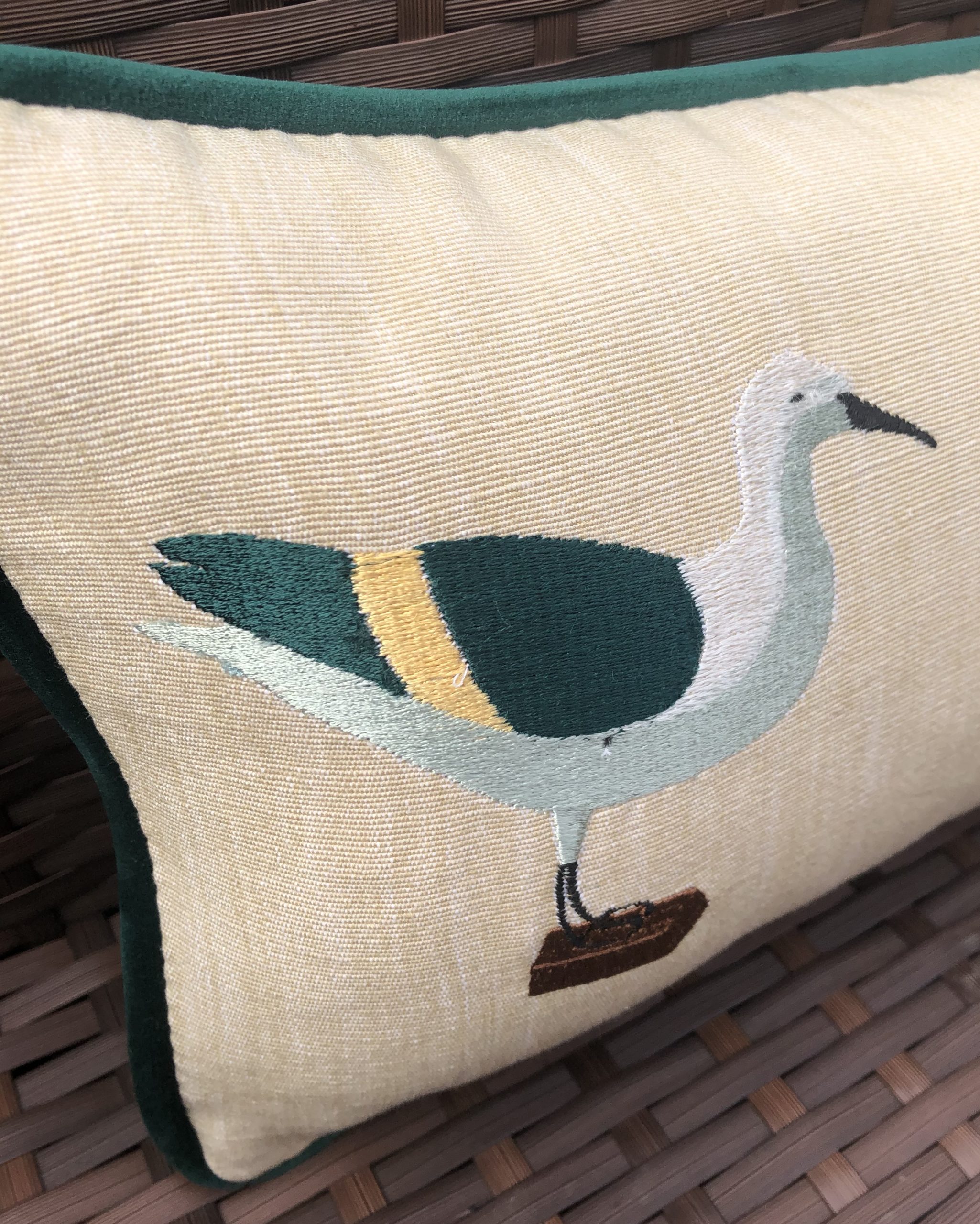 Embroidered Bird Cushion (Green) www.mynewengland.co.uk